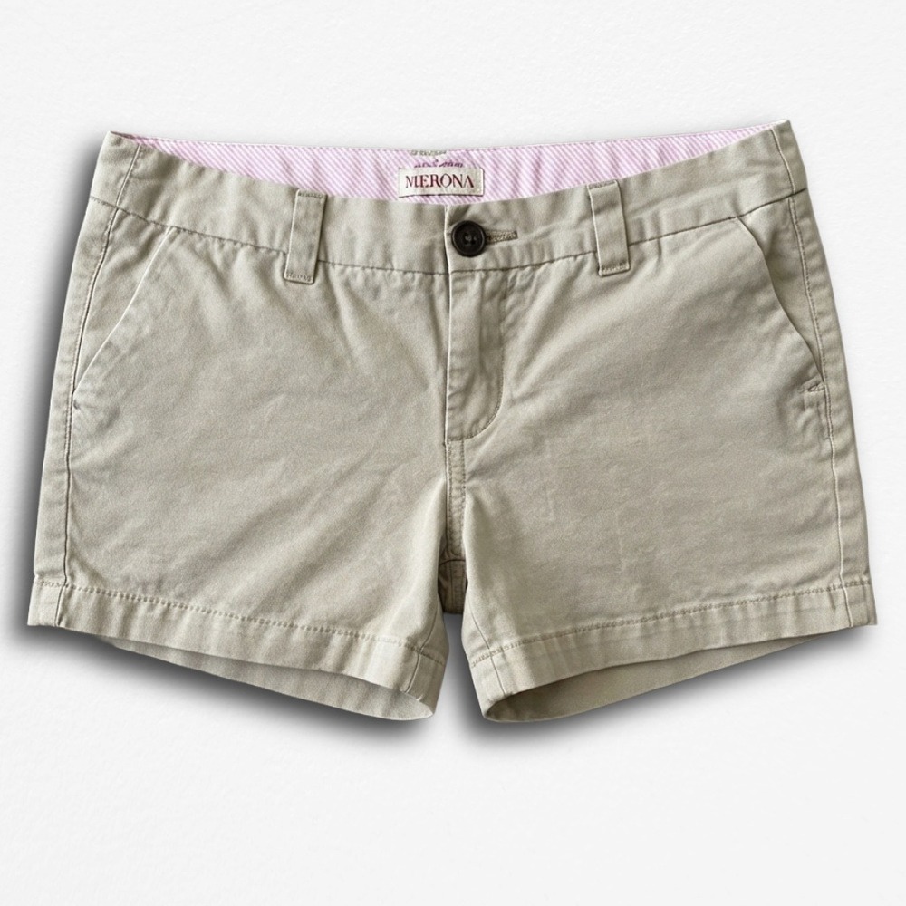 Merona Womens Khaki Chino Shorts Beige Mid Rise Cotton Blend Size 28 Waist
